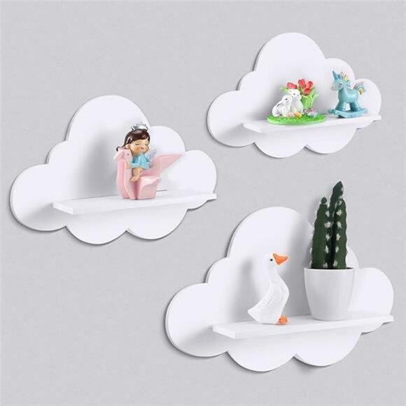 Set of 3 White Cloud Floating Shelves Wall Mounted Nursery Bedroom Bathroom Deco - Picture 7 of 7